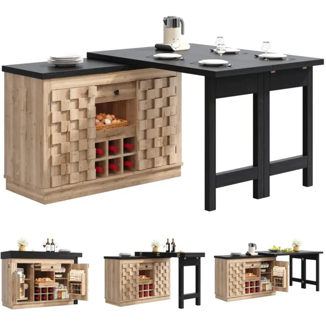 Gudalio Keukeneiland - Keukenkast - Eettafel - 360° Draaibaar werkblad - Vrijstaand - 120-197x74,2x38 cm - Houtlook - Zwart