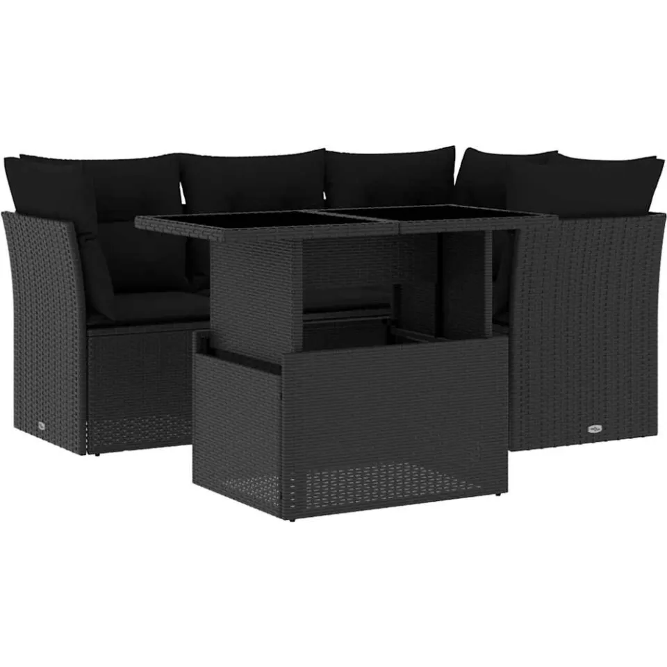 vidaXL 5-delige Loungeset met kussens poly rattan zwart