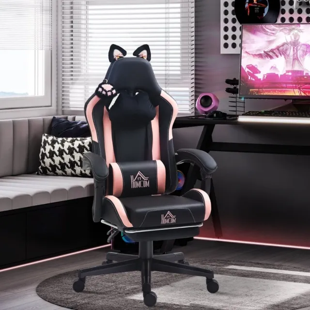 DESMIU Gamingstoel 65 Cm - Met Kattenoren, Kantelbare Rugleuning En Uittrekbare Voetsteun - Voor Studeerkamer En Gamekamer - Kunstleer - Zwart Roze