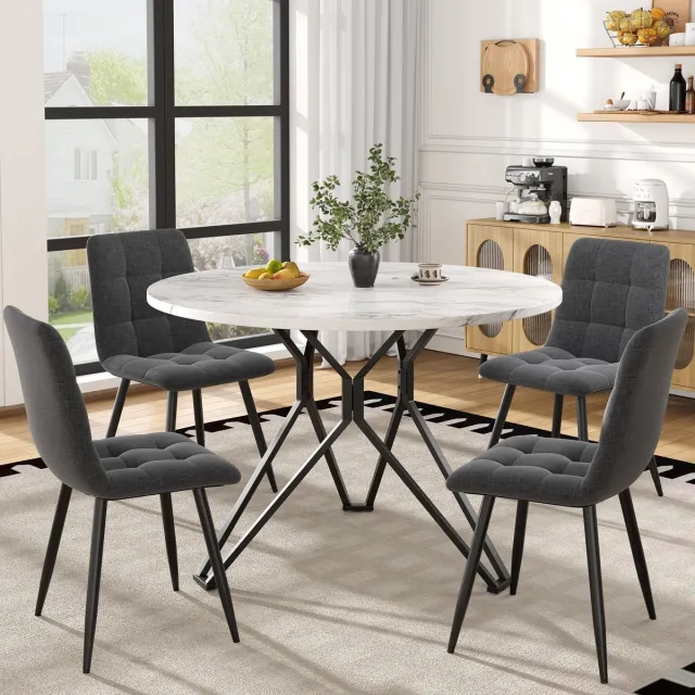 MODENUIT Eettafelset 100 cm - Ronde Tafel Met 4 Stoelen - Voor Keuken En Eethoek - MDF, Linnen - Zwart Grijs