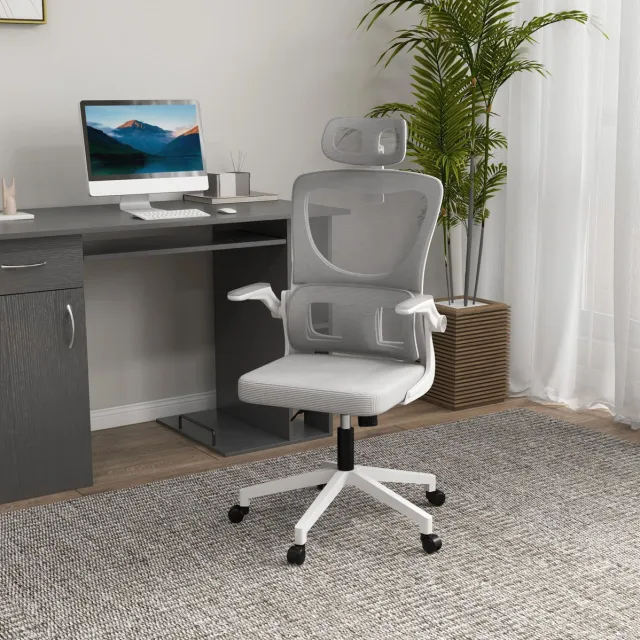 MEUNIQ ergonomische bureaustoel met vaste armleuningen, hoofdsteun, lendensteun en wipfunctie, in hoogte verstelbaar 45-53 cm, mesh grijs voor thuiskantoor