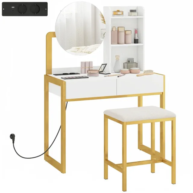 North Collective House of Balance Kaptafel met Kruk - Make up Tafel - Kaptafel met Spiegel en LED-Verlichting - Stopcontact - 2 Lades en 3 Planken Wit