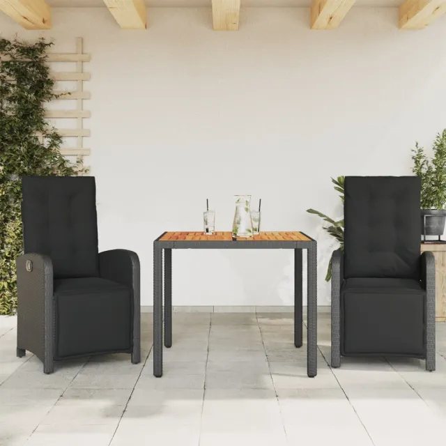 vidaXL 3-delige Bistroset met kussens poly rattan zwart, foto 2