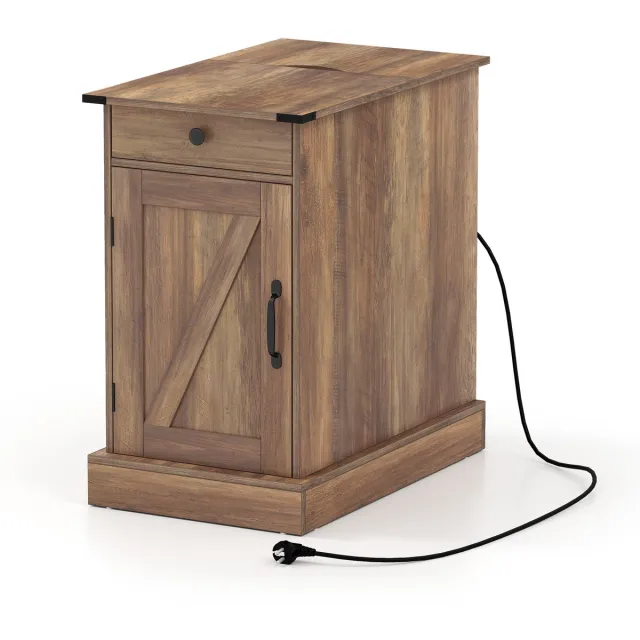Costway Bijzettafel, nachtkastje met oplaadstation, kleine tafel met opklapbaar tafelblad, lade, afneembaar dienblad en kast, salontafel met verstelbare legplank voor de woonkamer (Bruin)