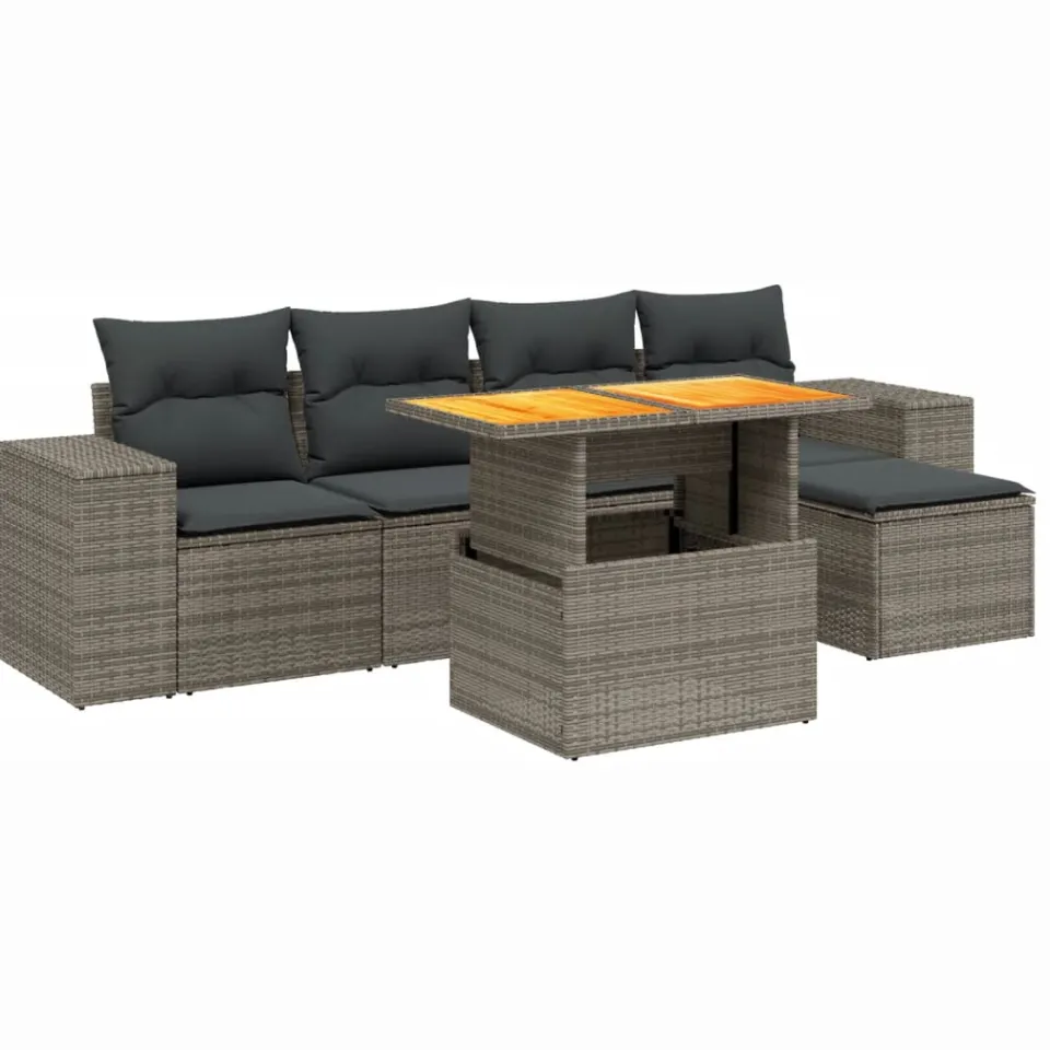 vidaXL 6-delige Loungeset met kussens poly rattan grijs, foto 3
