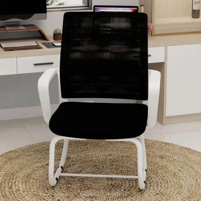 DESMIU Bureaustoel 55 x 45 x 90 cm - Ademende Gaasrugleuning Met Vaste Armleuningen - Voor Thuis En Kantoor - Metaal Zwart Wit