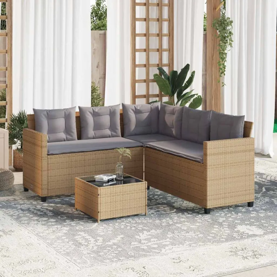 vidaXL Tuinbank met tafel en kussens L-vormig poly rattan beige, foto 2