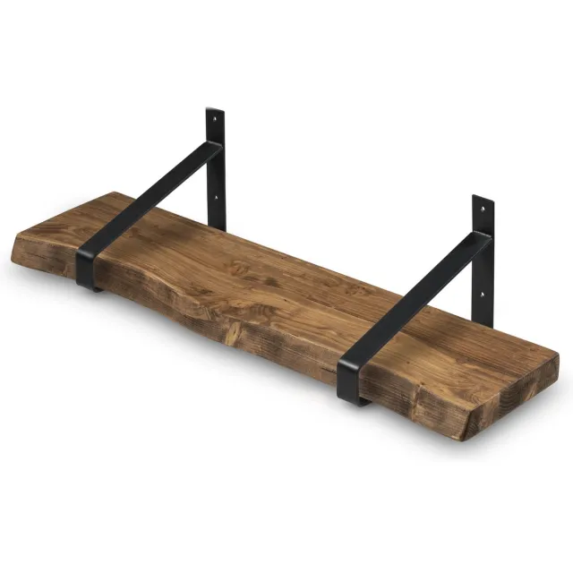Robustiek Wonen Wandplank Hout 220x20 cm incl. Zwarte Stalen Plankdragers - Boomstam Muurplank – Boekenplank Bruin