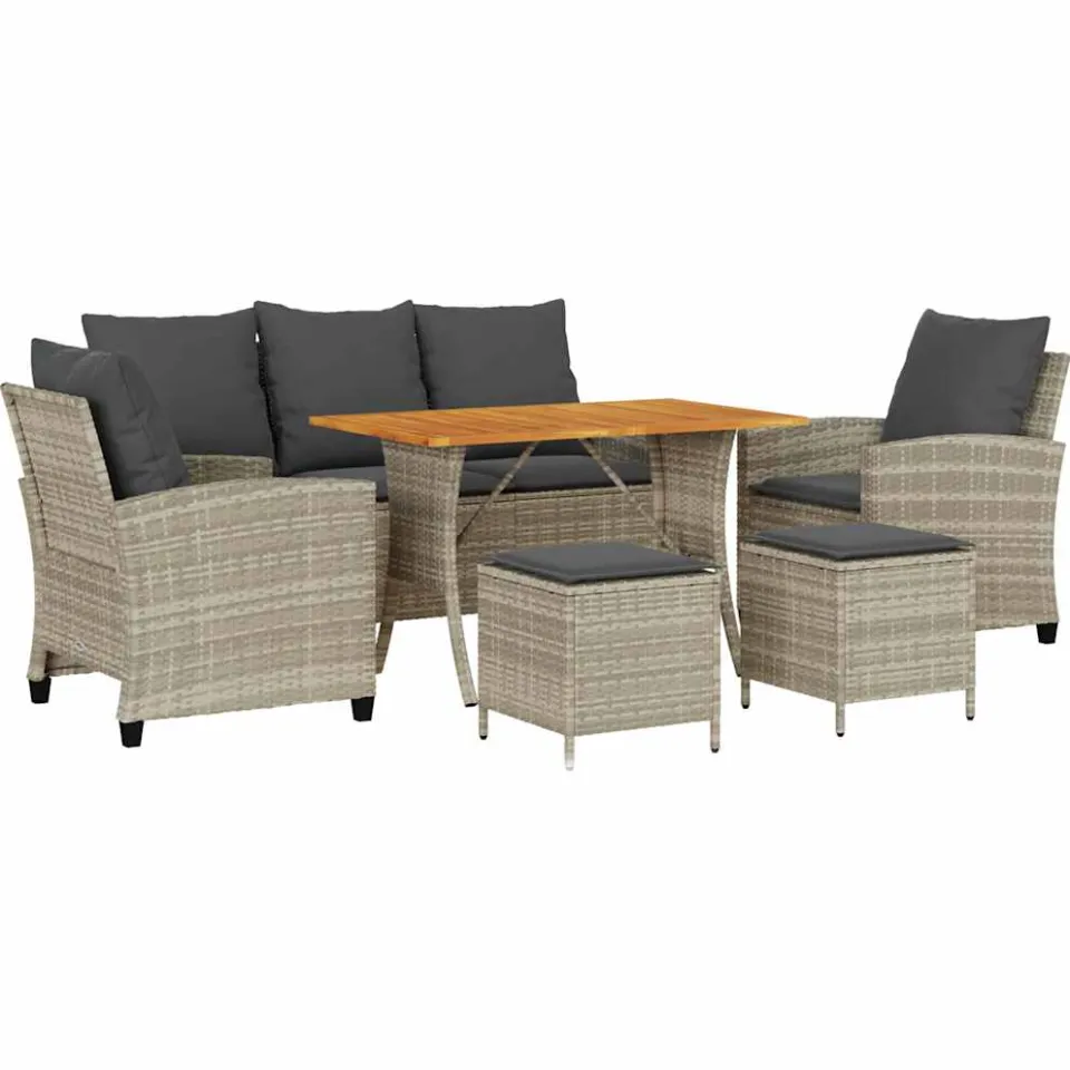 vidaXL 6-delige Loungeset met kussens poly rattan lichtgrijs grijs