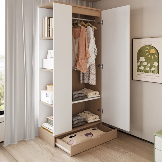MEUNIQ kledingkast 70 x 40 x 170 cm met deur, open zijrek, legplanken, lade en hangruimte voor slaapkamer, woonkamer of werkkamer in naturel en wit