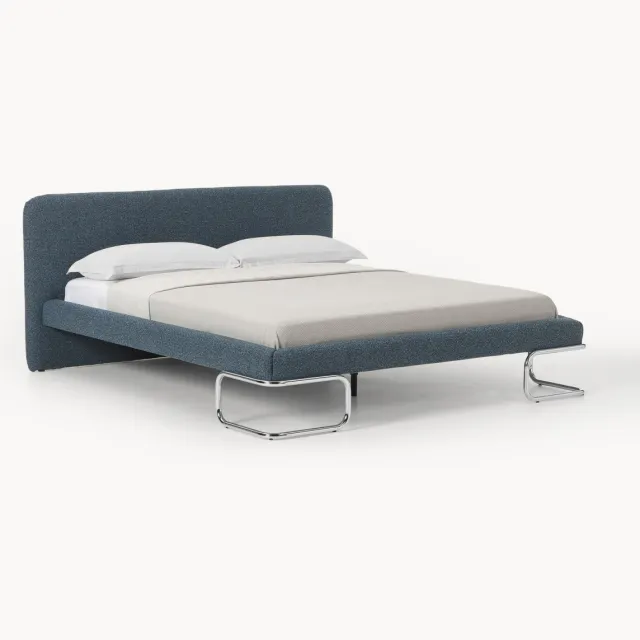Westwing Collection Gestoffeerd bouclé bed Olina met metalen poten Blauw, Zilverkleurig