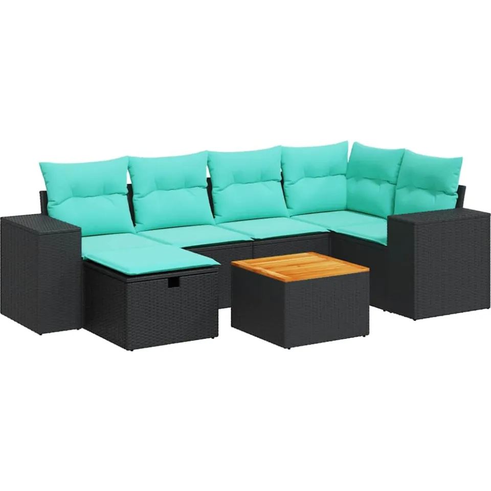 vidaXL 7-delige Loungeset met kussens poly rattan zwart, foto 3