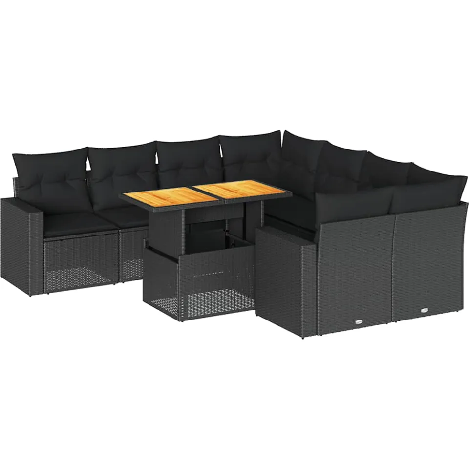 vidaXL 9-delige Loungeset met kussens poly rattan zwart, foto 3