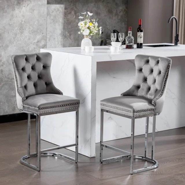MIVRAY Barkrukken 54 x 46 x 97 cm - Set van 2 met Rugleuning en Voetensteun - Voor Keukeneiland en Thuisbar - Fluweel en Metaal - Grijs