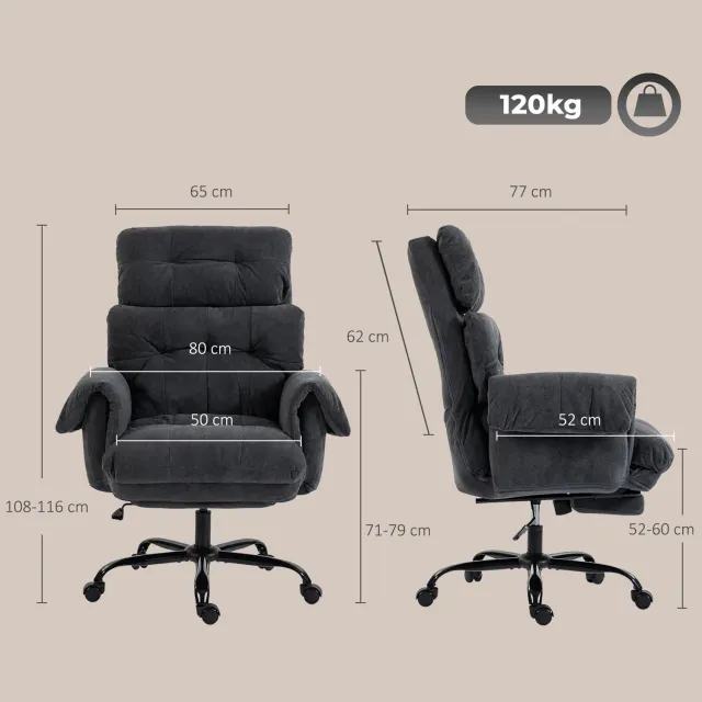 MUVANO Stoffen bureaustoel met uitschuifbare voetensteun - Verstelbare rugleuning - 80 x 77 x 108-116 cm - In hoogte verstelbaar - Voor de werkkamer donkergrijs