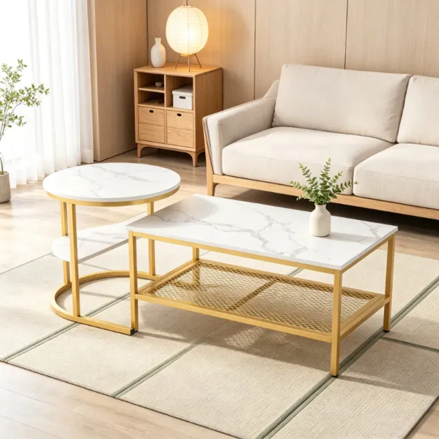 ROSAHQNDA Salontafel set, bijzettafel, ronde en rechthoekige salontafel met 2 niveaus, marmerlook tafel, gouden frame, salontafel voor woonkamer