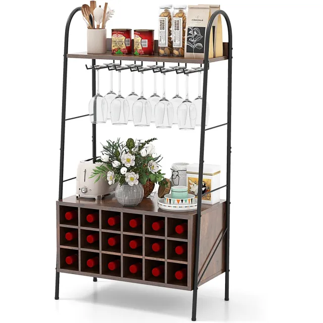 Costway Wijnrek, flessenrek voor 18 flessen, wijnstandaard met 5 wijnglashouders en 2 planken, 110 cm wijnhouder vrijstaand, wijnflessenrek voor keuken, kelder, bar, rustiek bruin, 63 x 32 x 114,5 cm