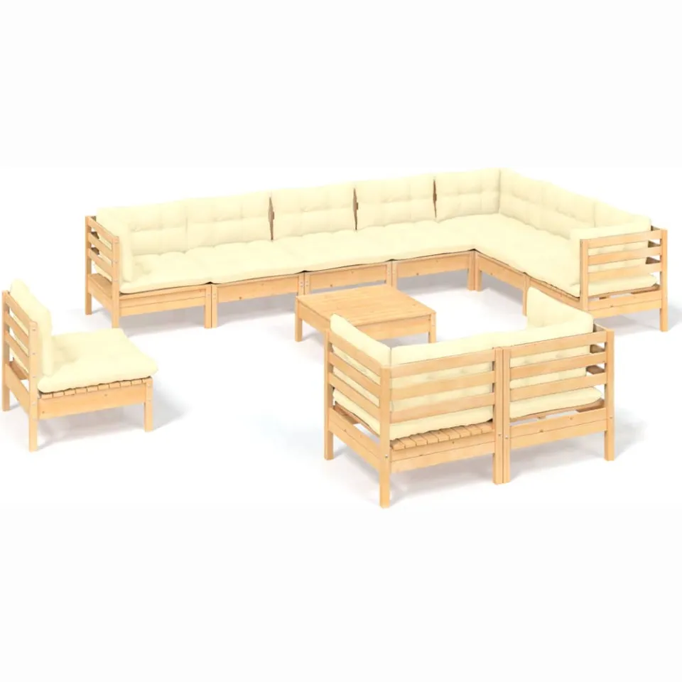 vidaXL 11-delige Loungeset met crèmekleurige kussens grenenhout