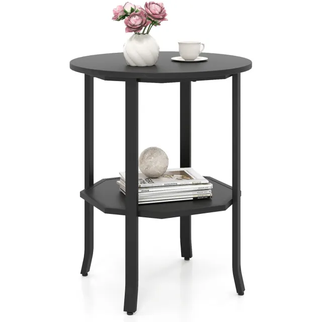 Costway Ronde bijzettafel, 2-laags banktafel met open plank, industriële woonkamertafel, nachtkastje met metalen frame en verstelbare voeten, voor woonkamer, slaapkamer, Zwart