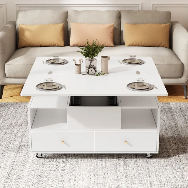 DESMIU Salontafel - Verstelbare Heftafel Met Klapblad En 4 Lades - Voor Woonkamer En Eetmomenten - MDF - Wit - 100 x 50 x 47,5 Cm