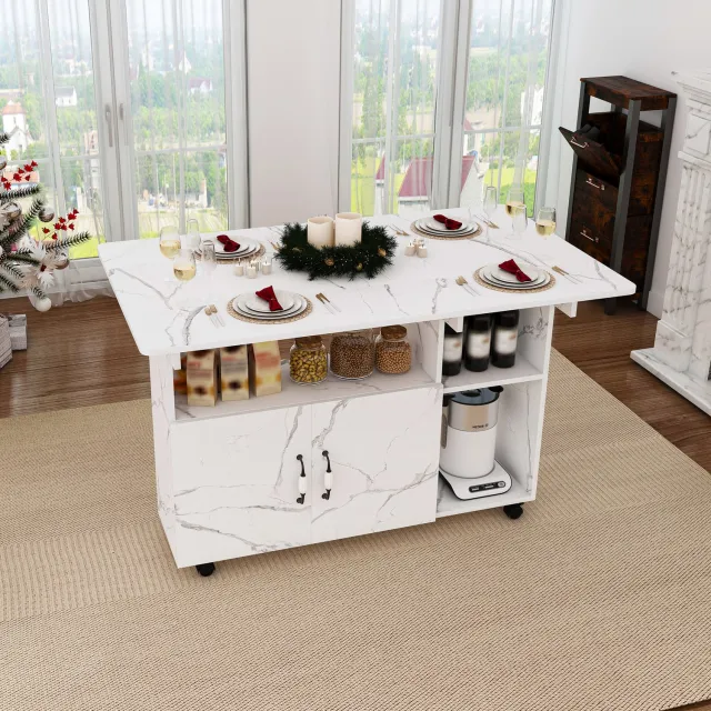 FloraGrace Eettafel - Opklapbaar met Twee Tafelbladen en Opbergruimte - Voor Keuken en Werkkamer - Mdf - Wit Marmerlook - 110x70x80 cm