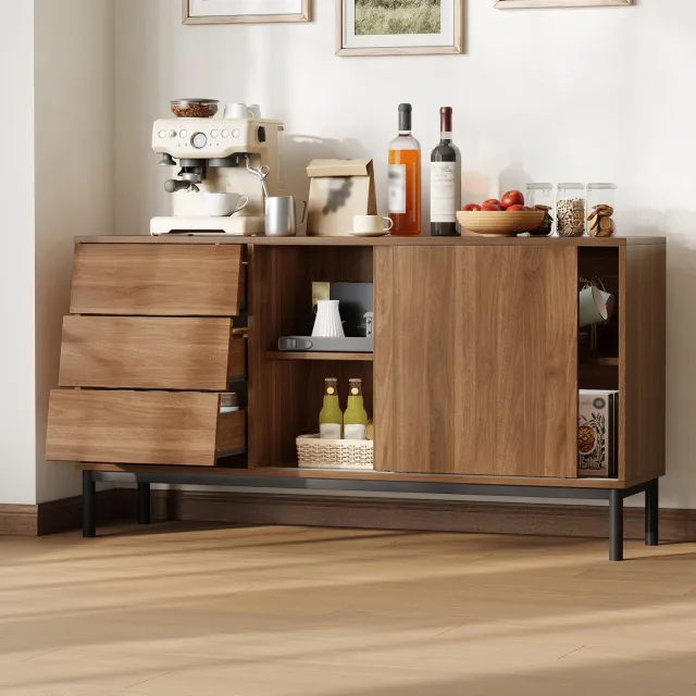 Clruro Dressoir - 150x40x80 cm - 2 Schuifdeuren en 3 Lades - Kantelbeveiliging - MDF - Naturel