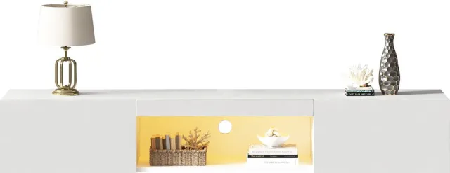 Merax Zwevend TV Meubel – Wandmeubel met LED Verlichting en Bluetooth – Mat Wit met Hoogglans Deuren – Geschikt voor TV’s tot 70 Inch – 160 cm