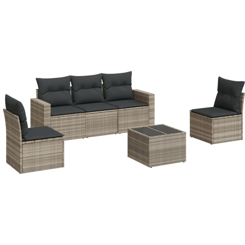 vidaXL 6-delige Loungeset met kussens poly rattan lichtgrijs