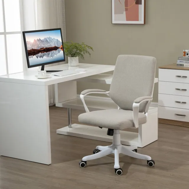 REDOM Bureaustoel - Ergonomische rugleuning - Lendensteun - Hoogteverstelbare zitting - 360° draaibaar - Schommelfunctie - Polyester - Beige - 62 x 69 x 92-100 cm