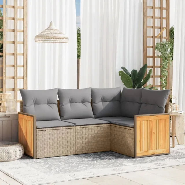 vidaXL 4-delige Loungeset met kussens poly rattan beige, foto 2