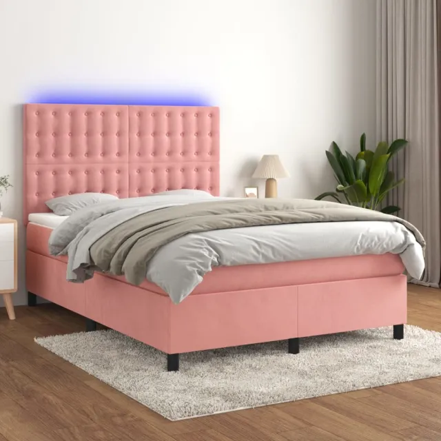vidaXL Boxspring met matras en LED fluweel roze 140x190 cm