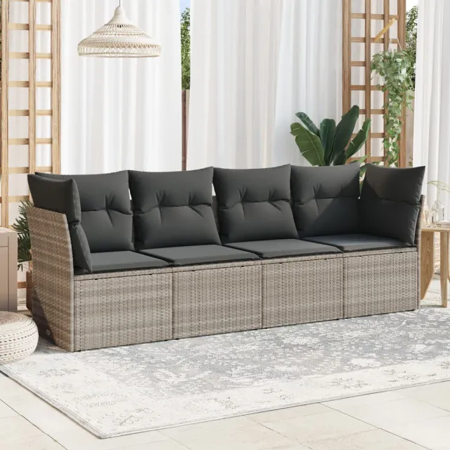 vidaXL 4-delige Loungeset met kussens poly rattan lichtgrijs grijs, foto 2