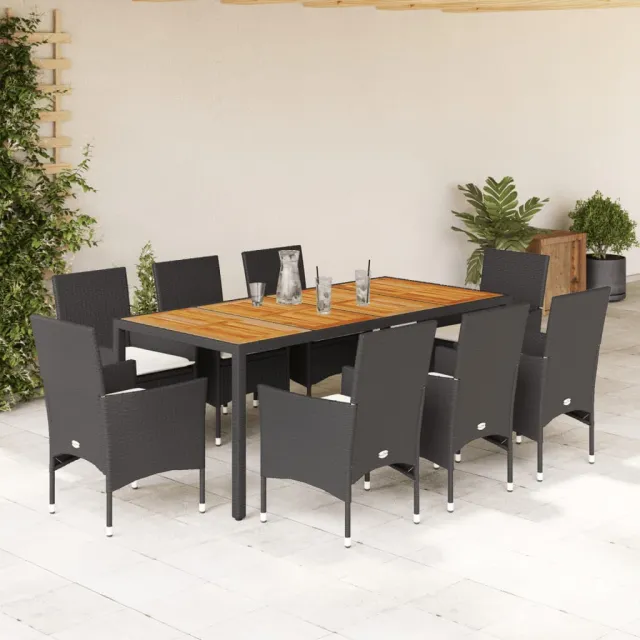 vidaXL 9-delige Tuinset met kussens poly rattan en acaciahout zwart, foto 2