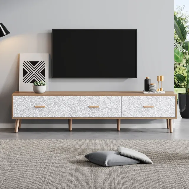 MODFU Tv-meubel – 150x39x35 cm – Wit & licht hout – Retro design met 3 laden – Witte structuurdeuren – Spaanplaat – Tijdloze tv-kast Wit + Hout