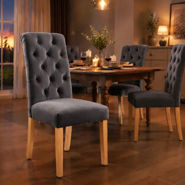 CHICFURN Eetkamerstoel - Set van 2 - Fluweel - Houten poten - Grijs