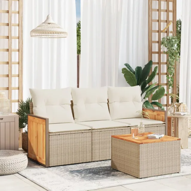 vidaXL 4-delige Loungeset met kussens poly rattan beige, foto 2