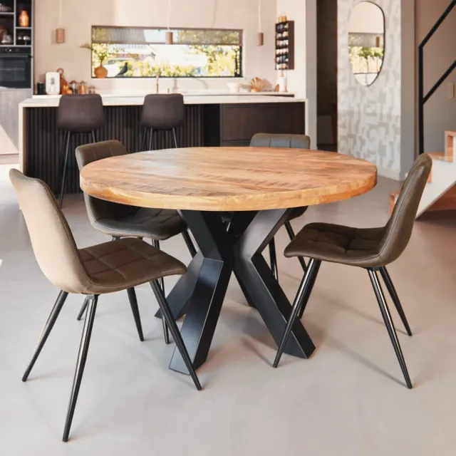 The Copperbarn Ronde eettafel 110 cm mangohout glad rond 76cm 6cm dik blad Naturel