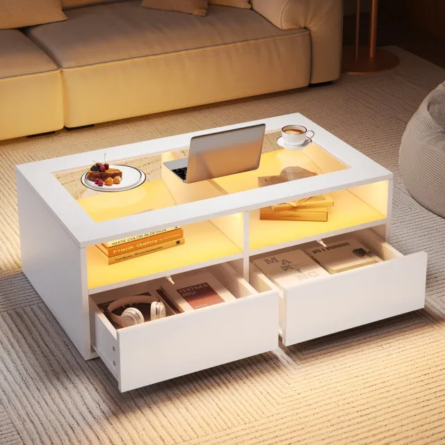 HAUSS SPOLE Salontafel - Glazen Salontafel Met LED En 2 Laden - Dubbel Laags Met Open Vakken Voor Woonkamer En Ontspanning - Gehard Glas En Spaanplaat - 100x50x35 cm - Wit