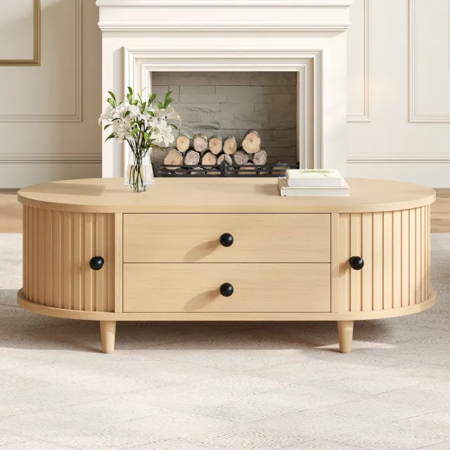 HAUSS SPOLE Salontafel - Met Roldeuren En 2 Lades - Voor Woonkamer En Opbergruimte - MDF En Houten Poten - 100x50x36 Cm Natuurlijke Houtkleur