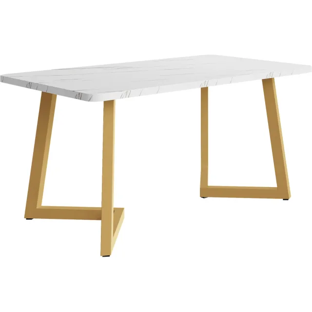 SONNENH Eettafel - Marmerlook met trapeziumonderstel - 117 x 68 x 75 cm - Wit/goudkleurig