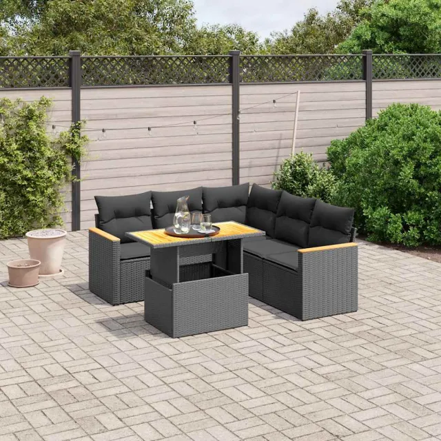 vidaXL 6-delige Loungeset met kussens poly rattan zwart, foto 2