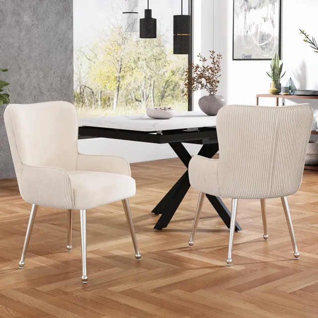 Welltin Eetkamerstoel, set van 2, luxe, woonkamer, slaapkamer, loungestoel met vier gouden metalen steunpoten, met armleuningen en verstelbare voeten, lendensteun, Beige