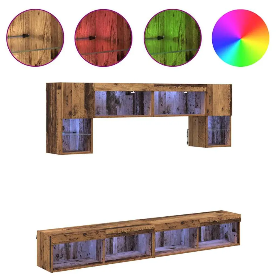 vidaXL TV Wand Eenheden met LED 6 st Oud Hout Bewerkt hout bruin, foto 4