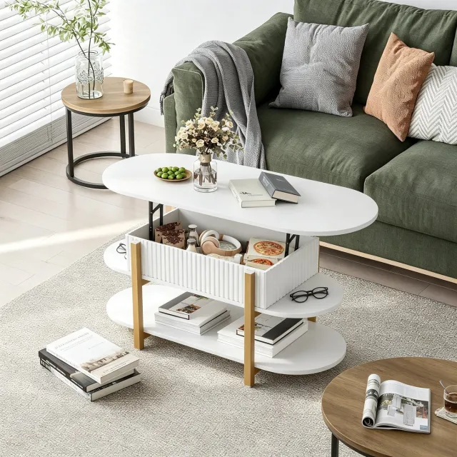 ROSAHQNDA Salontafel 106x45x50-63 cm, in hoogte verstelbare koffietafel met opbergruimte, meerdere planken en verstelbaar tafelblad, metalen frame, wit