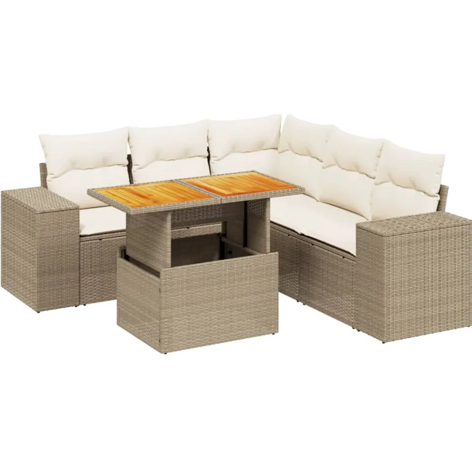 vidaXL 6-delige Loungeset met kussens poly rattan beige, foto 3
