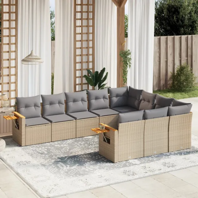 vidaXL 10-delige Loungeset met kussens poly rattan beige, foto 2