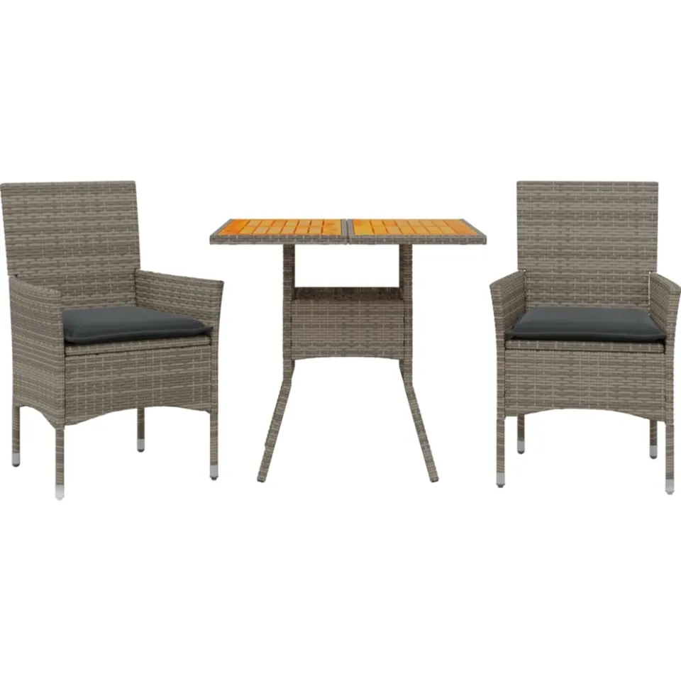 vidaXL 3-delige Tuinset met kussens poly rattan en acaciahout grijs, foto 3
