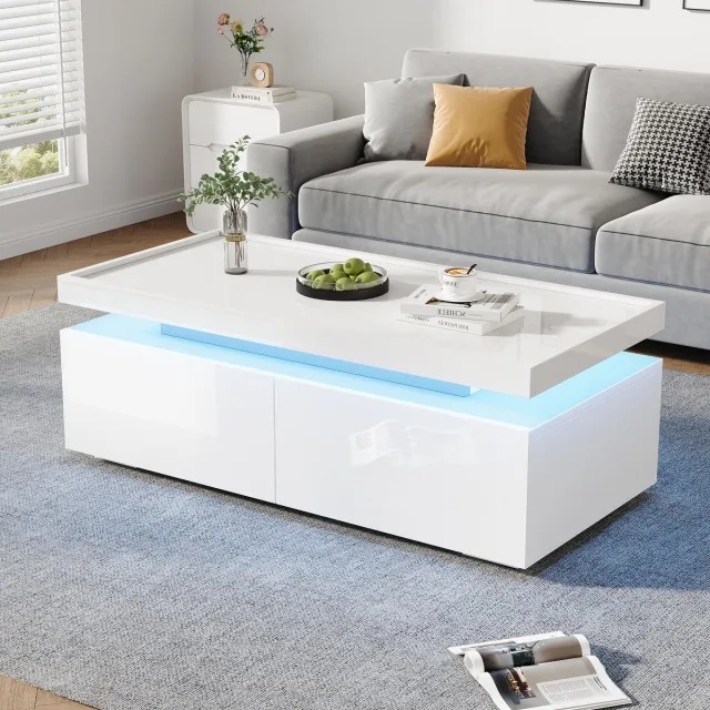 DESMIU Salontafel - Hoogglans Met Ledverlichting En 2 Laden - Voor Woonkamer En Filmavonden - Spaanplaat - 95 X 45 X 35 Cm - Wit