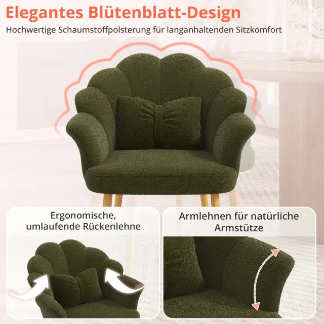 STILVORA Fauteuil 64 Bij 65,5 Bij 85 Cm - Bloemvormige Rugleuning Met Armleuningen En Kussen - Voor Slaapkamer En Eetkamer - Teddystof Groen