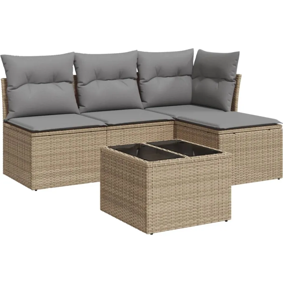 vidaXL 5-delige Loungeset met kussens poly rattan beige